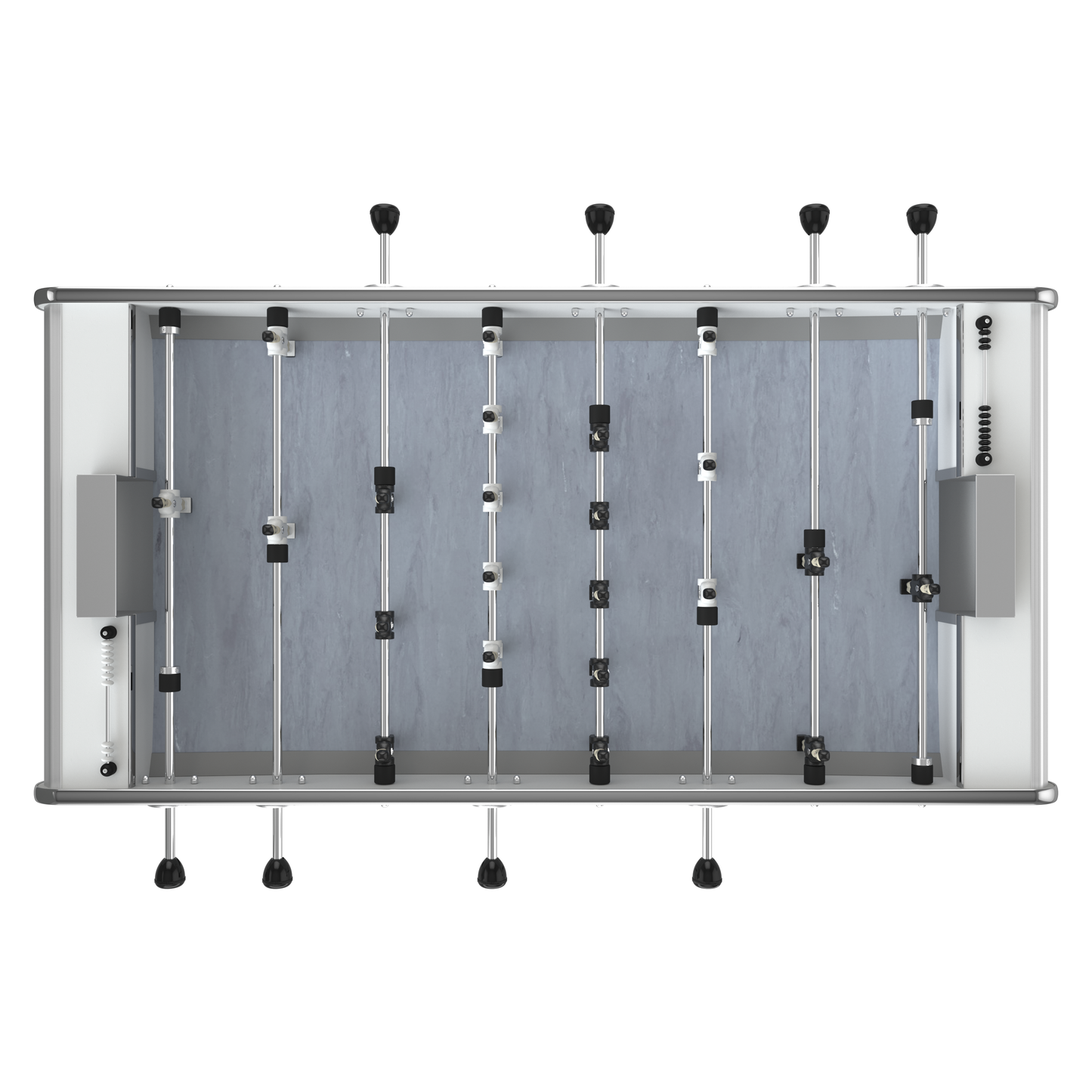 Vue aérienne du tapis de jeu gris tracé sur le modèle Stella Star blanc, optimisé pour le contrôle et les balles sautées.