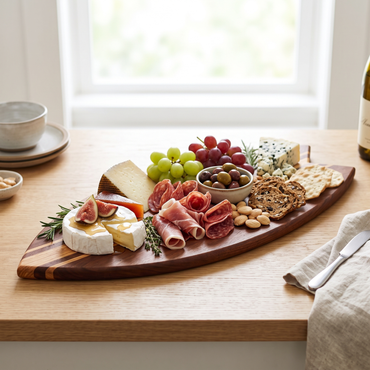 Planche à Découper Surf Premium – Base Noyer, Lignes Chêne