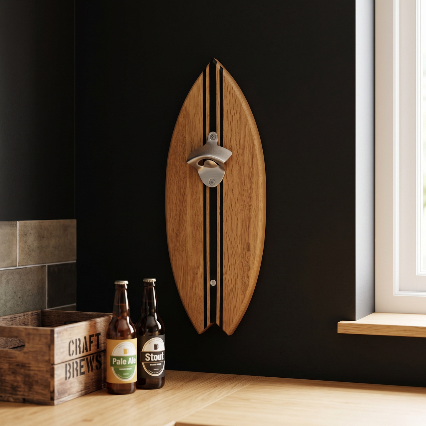 Décapsuleur Mural Surf en Bois - Lignes noires