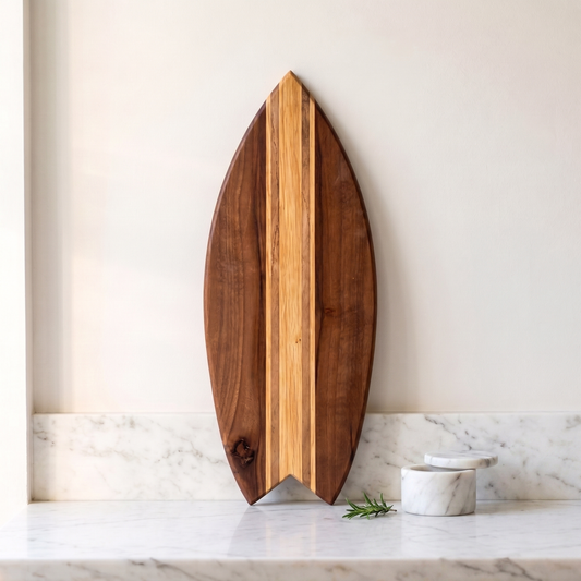 Planche à Découper Surf Premium – Base Noyer, Lignes Chêne