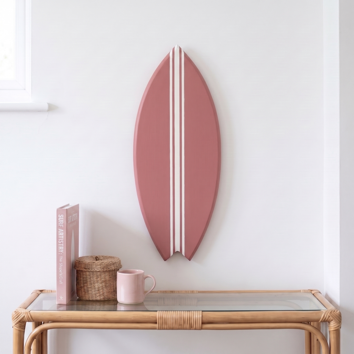 Planche de Surf déco - Base rose, lignes blanches