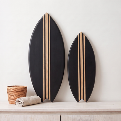 Planche de Surf déco - Base noire, lignes bois