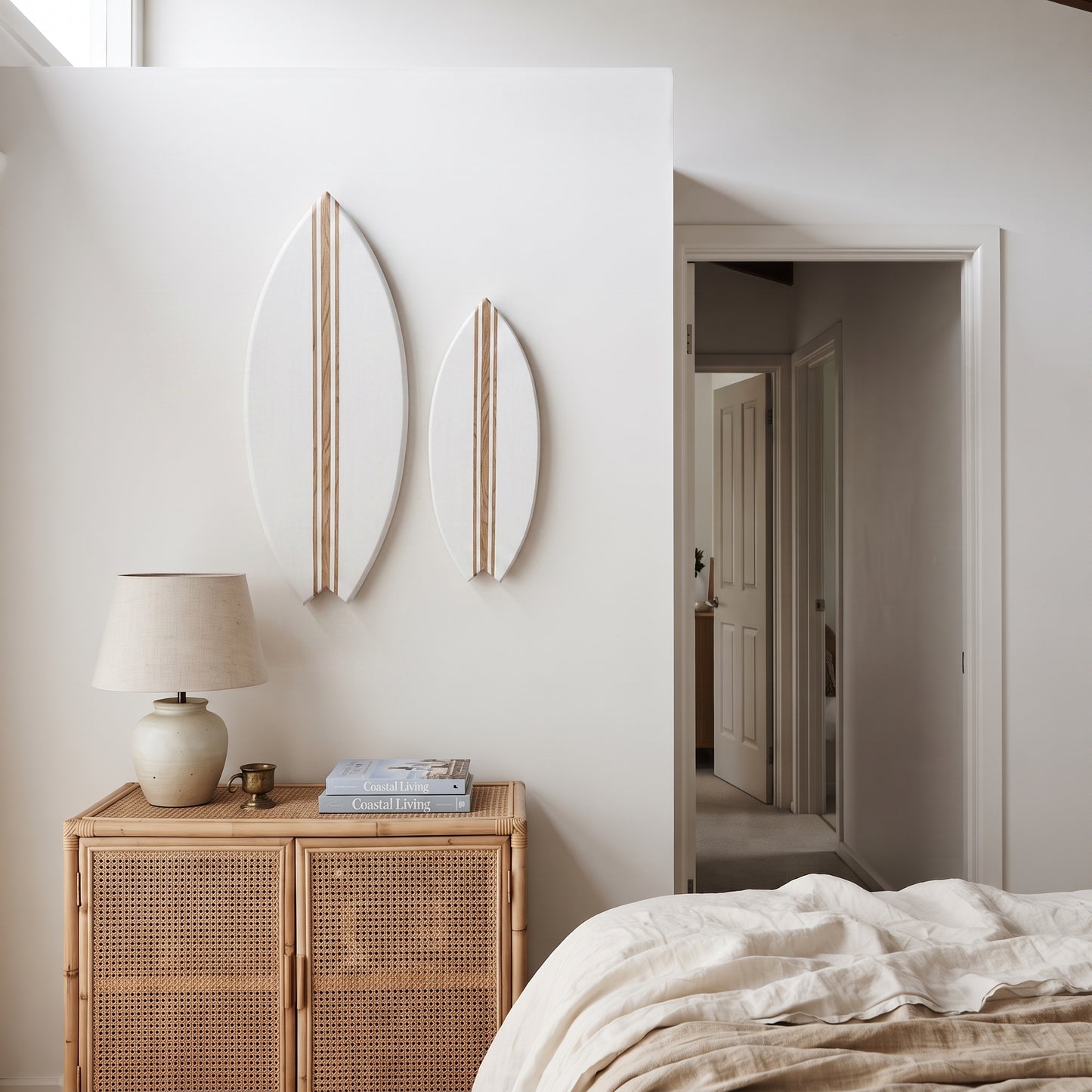 Planche de Surf déco - Base blanche, lignes bois