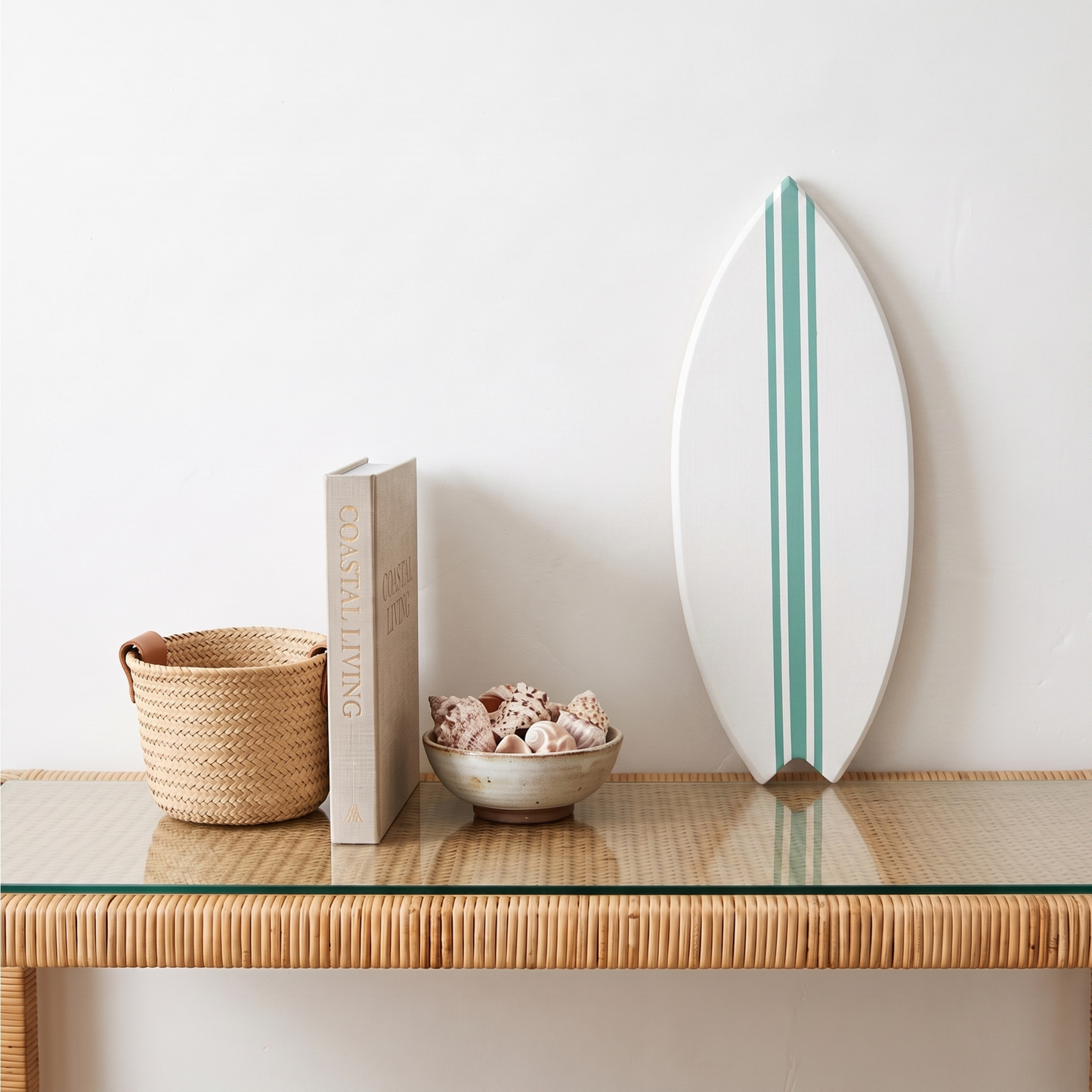 Planche de Surf déco - Base blanche, lignes vert jade