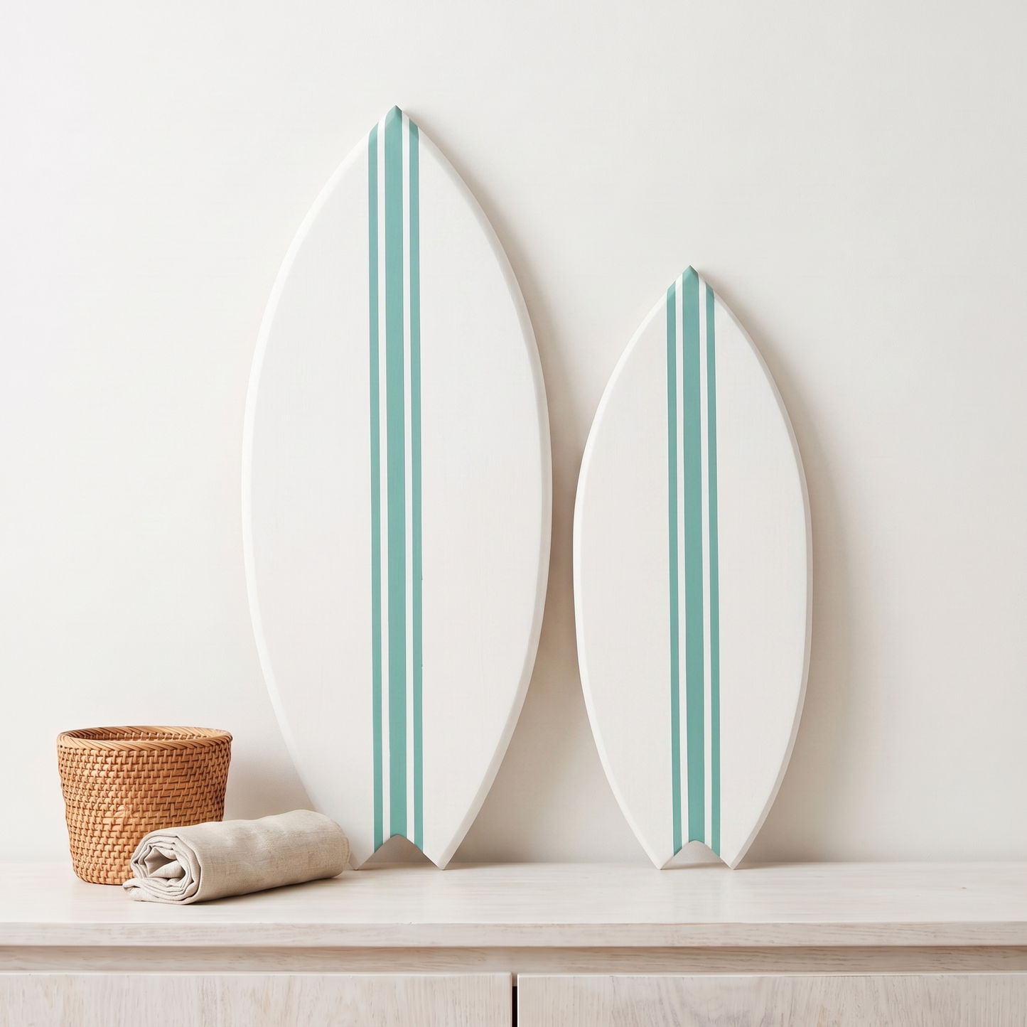 Planche de Surf déco - Base blanche, lignes vert jade