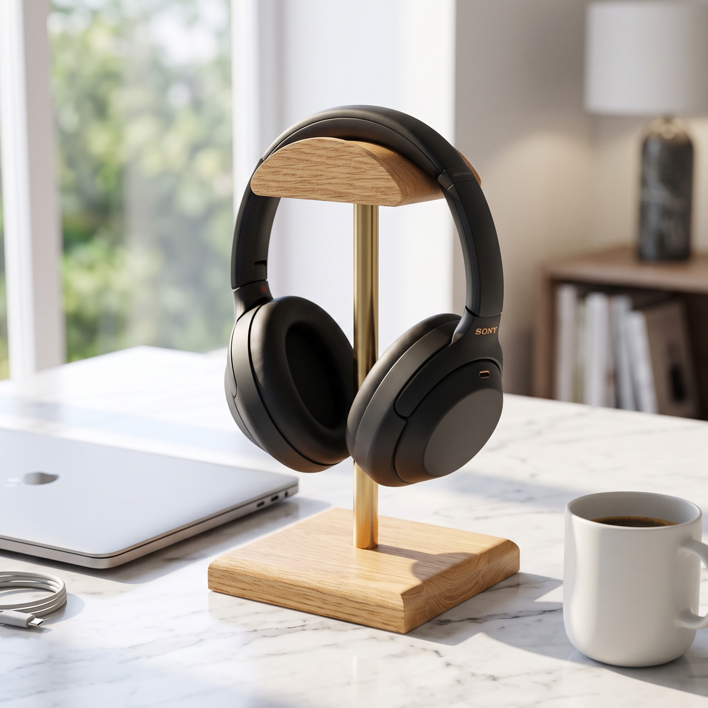 Porte-Casque Audio en Chêne Massif et Acier – Le Classique