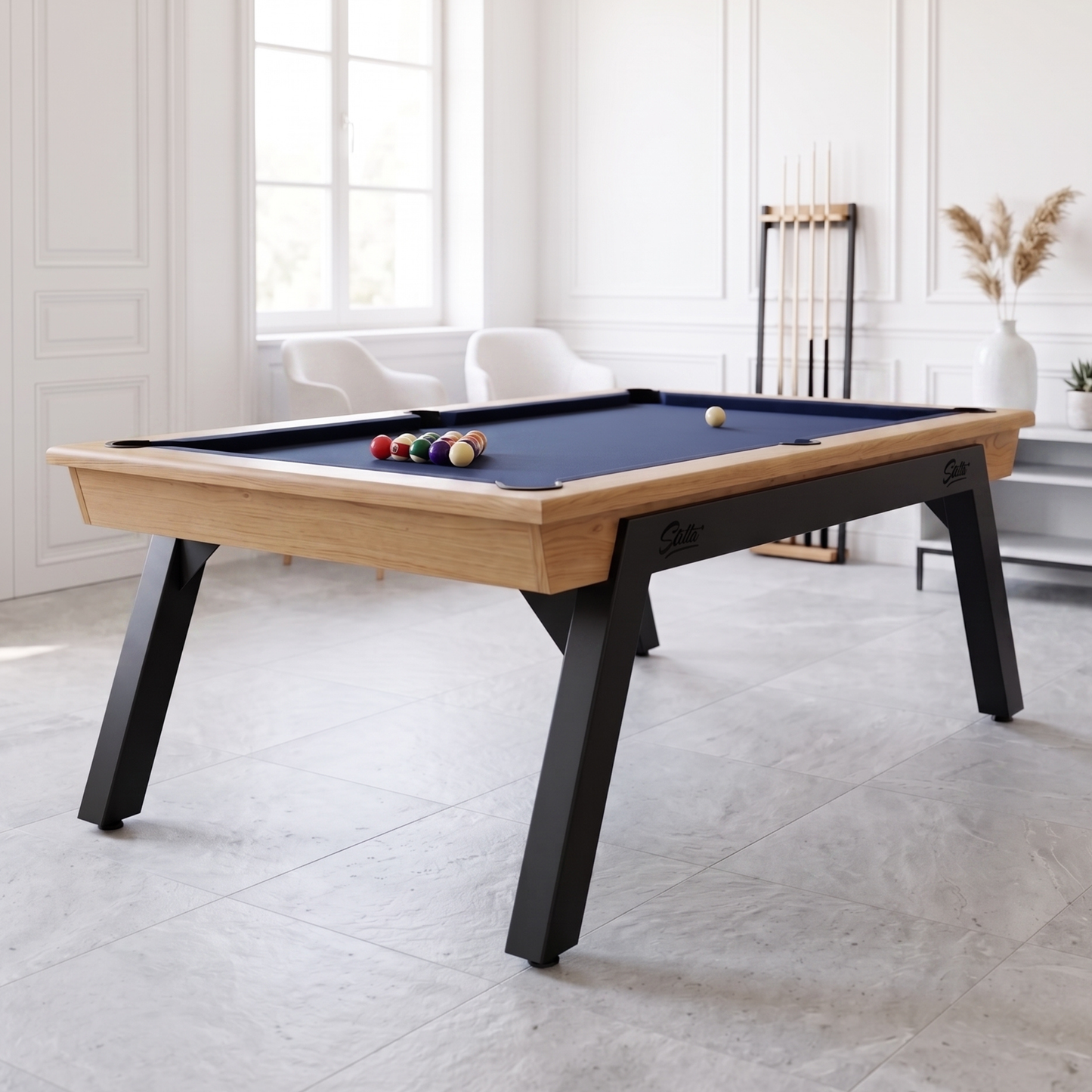 Billard Américain Stella Scipion 2m10 Pieds Noirs – Chêne massif & acier, convertible table & ping-pong