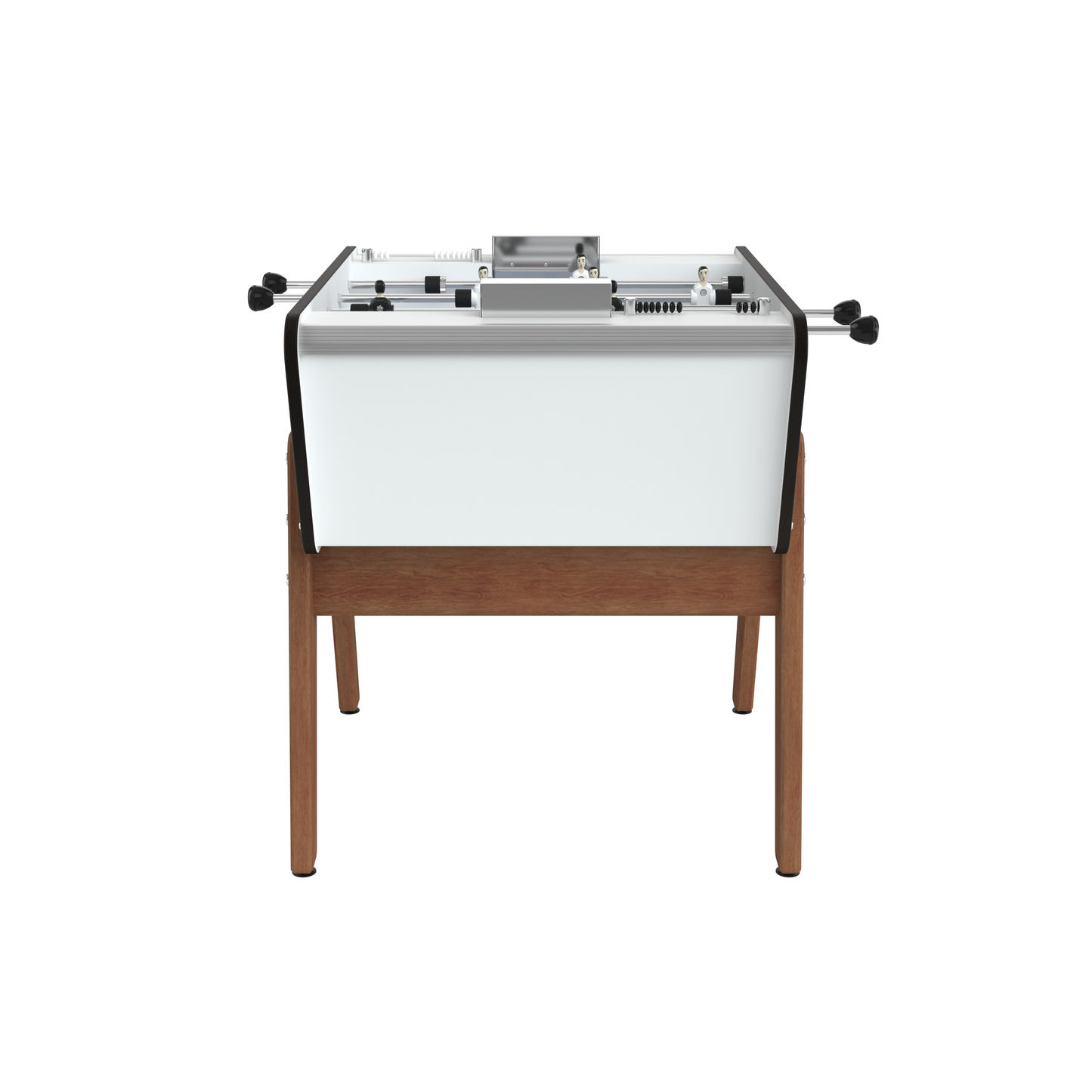 Vue latérale du baby-foot compact blanc soulignant les pieds en bois moabi imputrescible et la visserie inox.