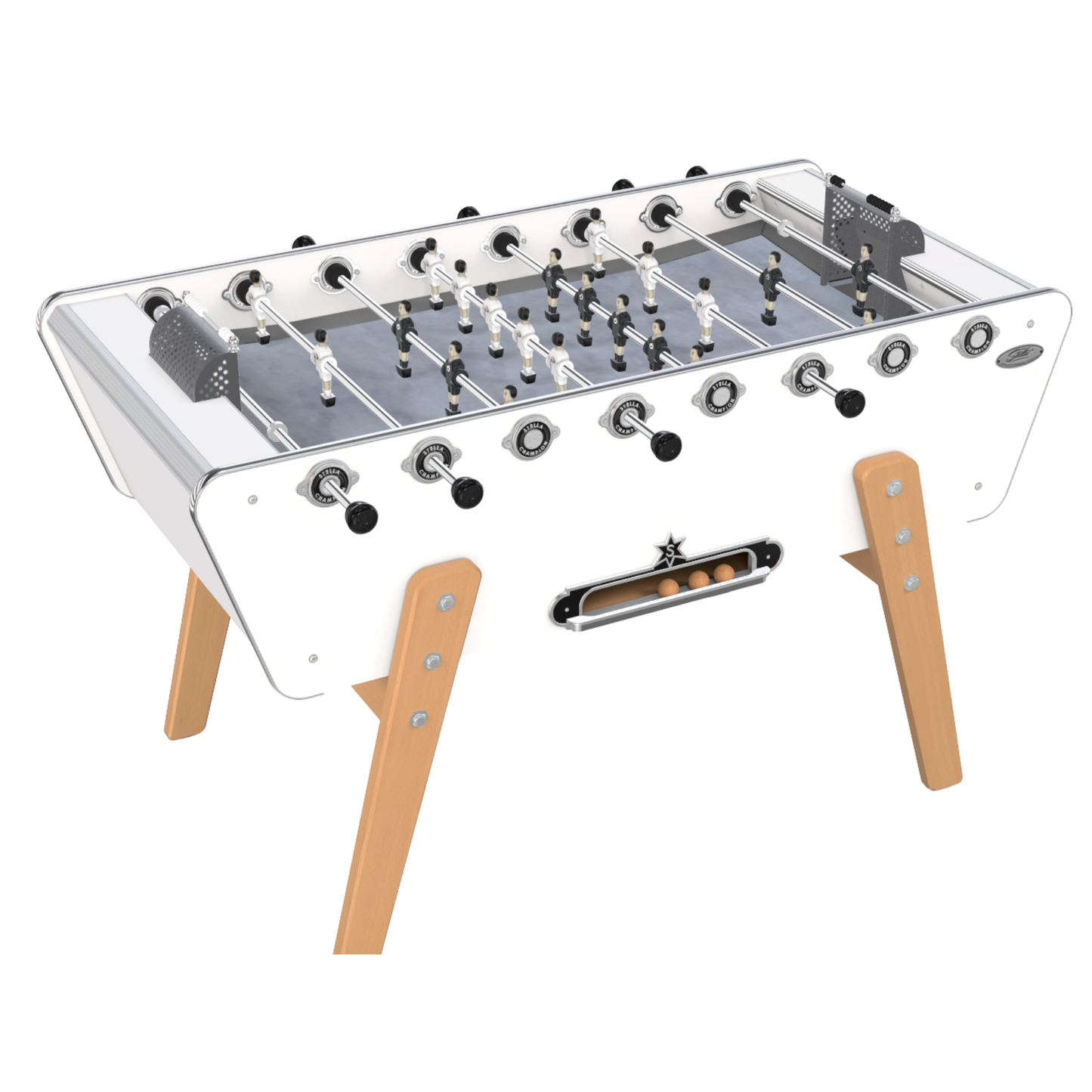 Baby-foot Stella Champion Collector blanc avec pieds en hêtre massif et joueurs en aluminium, modèle iconique des cafés français.