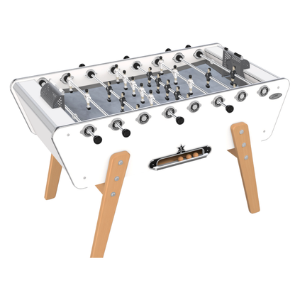 Baby-foot Stella Champion Collector blanc avec pieds en hêtre massif et joueurs en aluminium, modèle iconique des cafés français.