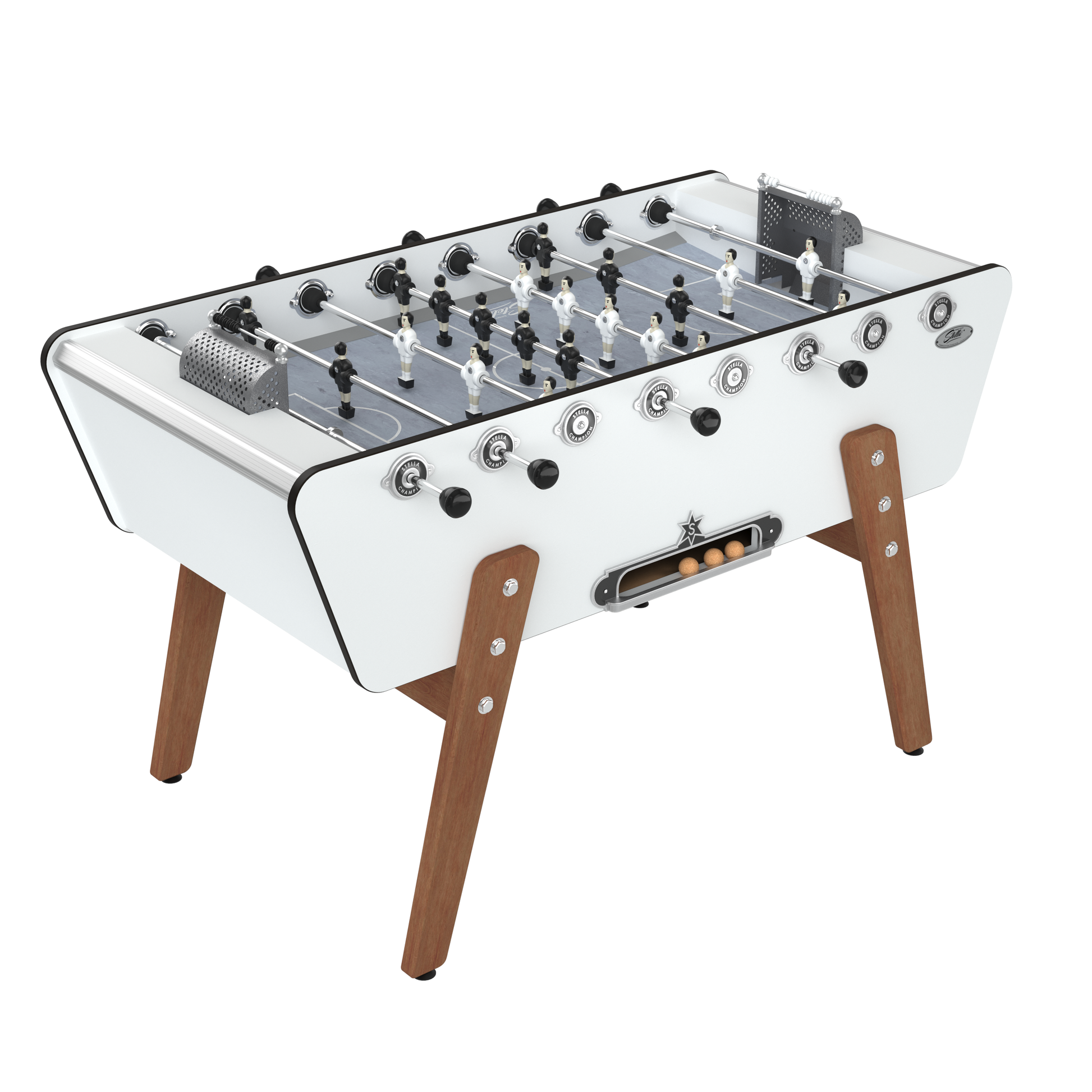 Baby-foot de luxe pour extérieur Stella Champion Outdoor blanc, structure en HPL et pieds en bois Moabi pour jardin et terrasse.