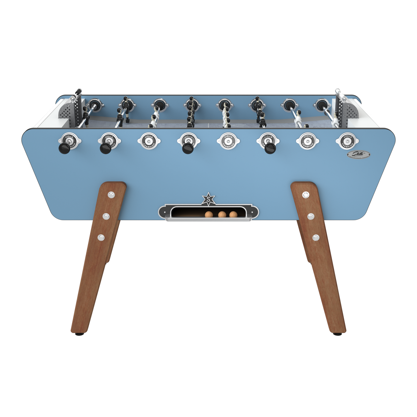 Vue de face du Champion Outdoor bleu montrant les joueurs en aluminium et les barres télescopiques en inox haute qualité.