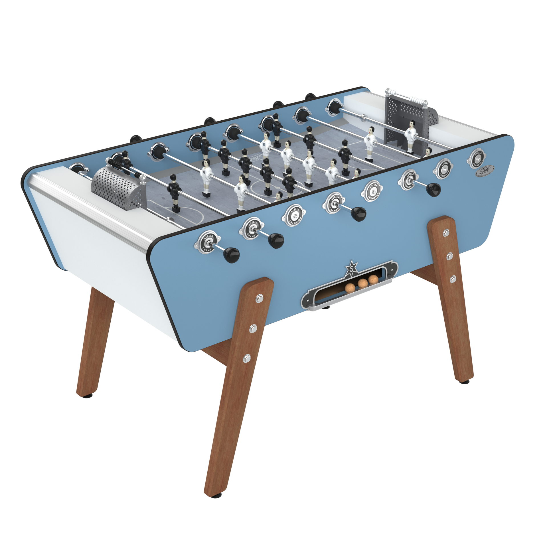 Baby-foot d'extérieur Stella Champion Outdoor bleu, une finition éclatante et robuste pour les jardins et bords de piscine.