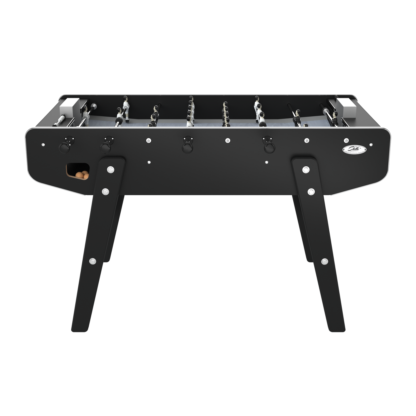 Vue de face du Stella Club noir avec joueurs en aluminium et barres télescopiques en acier étiré pour une fluidité maximale.