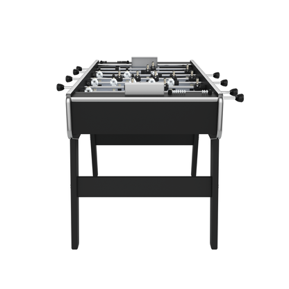 Profil du baby-foot Stella Club noir soulignant la structure stable en mélaminé et le design compact idéal pour le domicile.