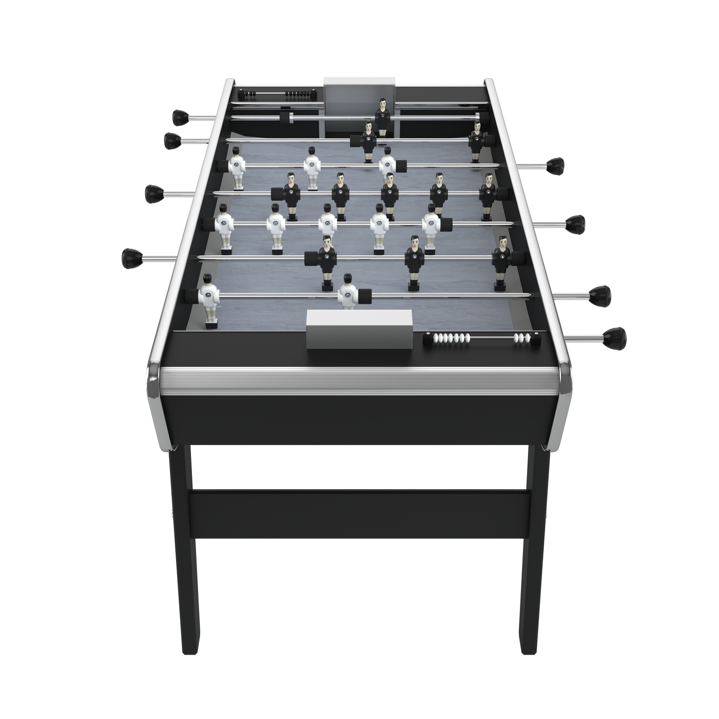 Profil du baby-foot Stella Home noir soulignant les angles en aluminium anodisé et les pieds en hêtre massif peints.