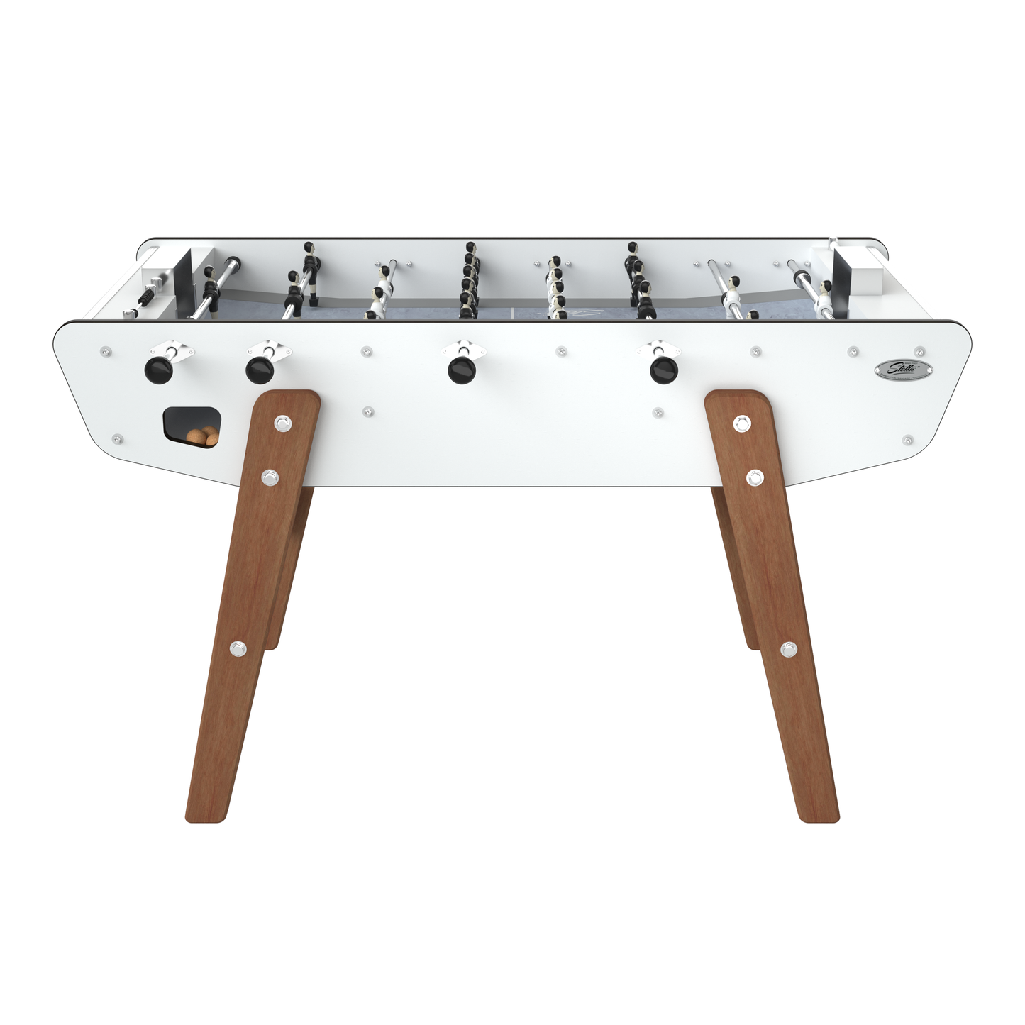 Vue de face du Stella Home Outdoor blanc mettant en avant les finitions en inox et les joueurs en aluminium haute durabilité.