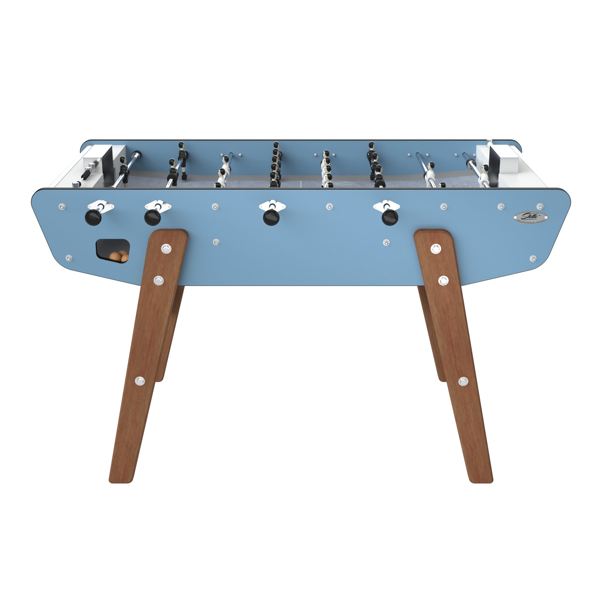 Vue de face du Stella Home Outdoor bleu avec barres télescopiques en inox rectifié et paliers haute résistance.