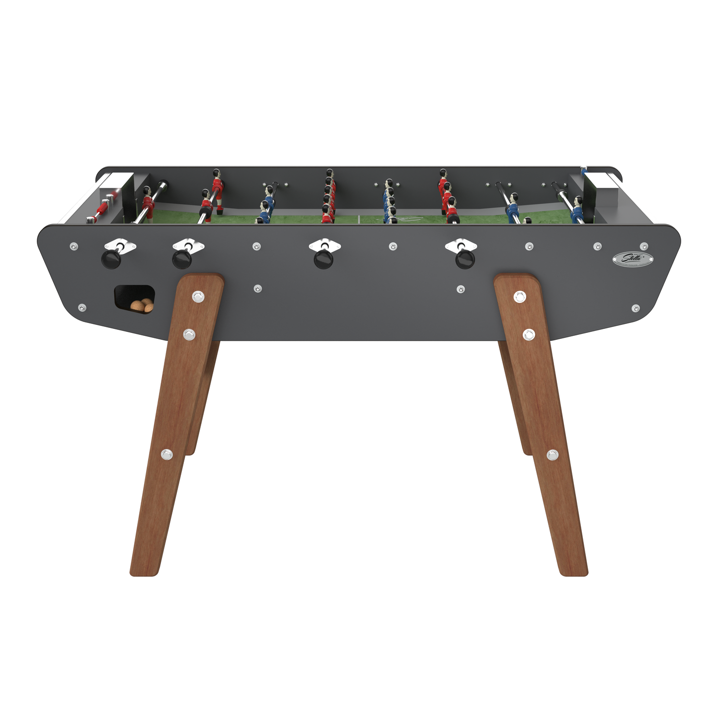 Vue de face du Stella Home Outdoor gris avec joueurs en aluminium et barres télescopiques en inox rectifié résistant à la corrosion.