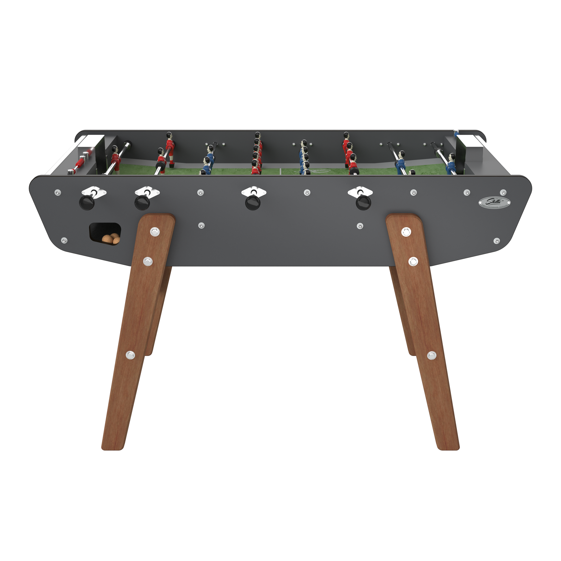 Vue de face du Stella Home Outdoor gris avec joueurs en aluminium et barres télescopiques en inox rectifié résistant à la corrosion.