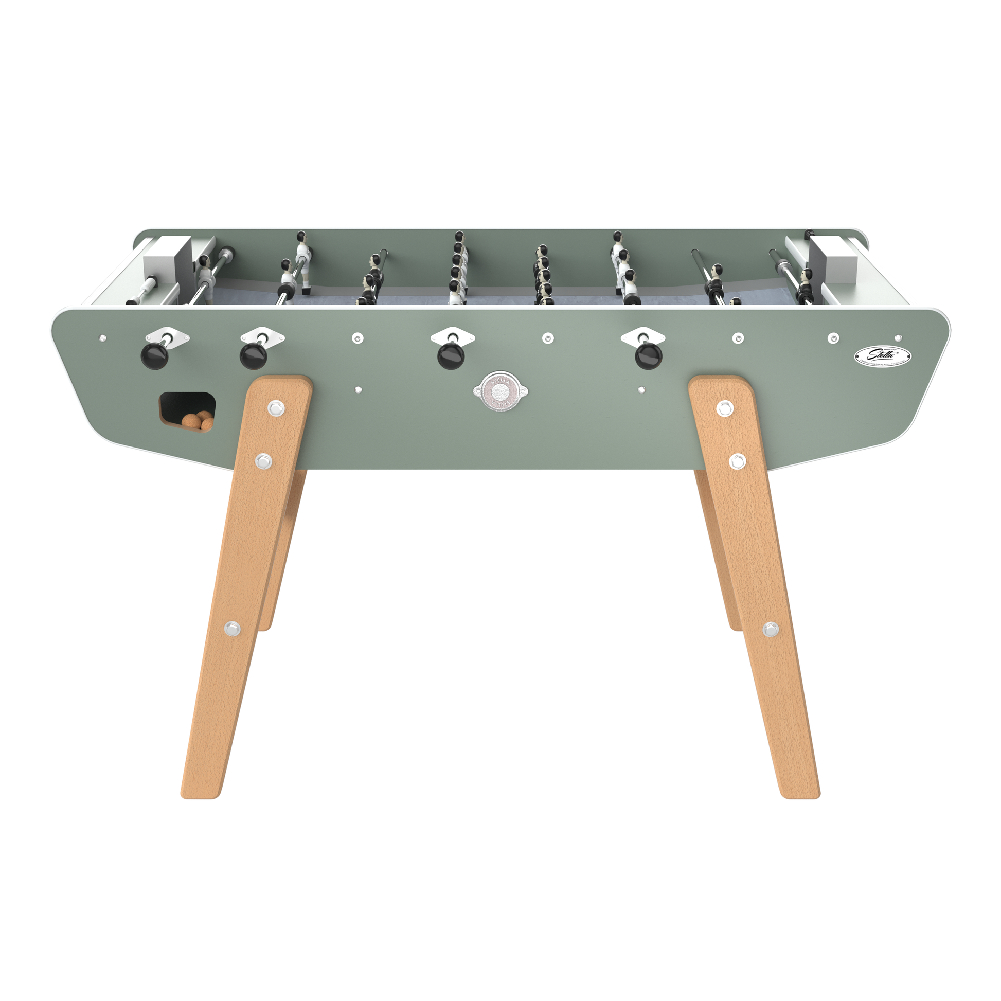 Vue de face du Stella Home vert eucalyptus avec joueurs en aluminium et paliers en inox, fabrication artisanale française.