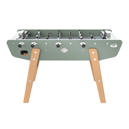 Vue de face du Stella Home vert eucalyptus avec joueurs en aluminium et paliers en inox, fabrication artisanale française.