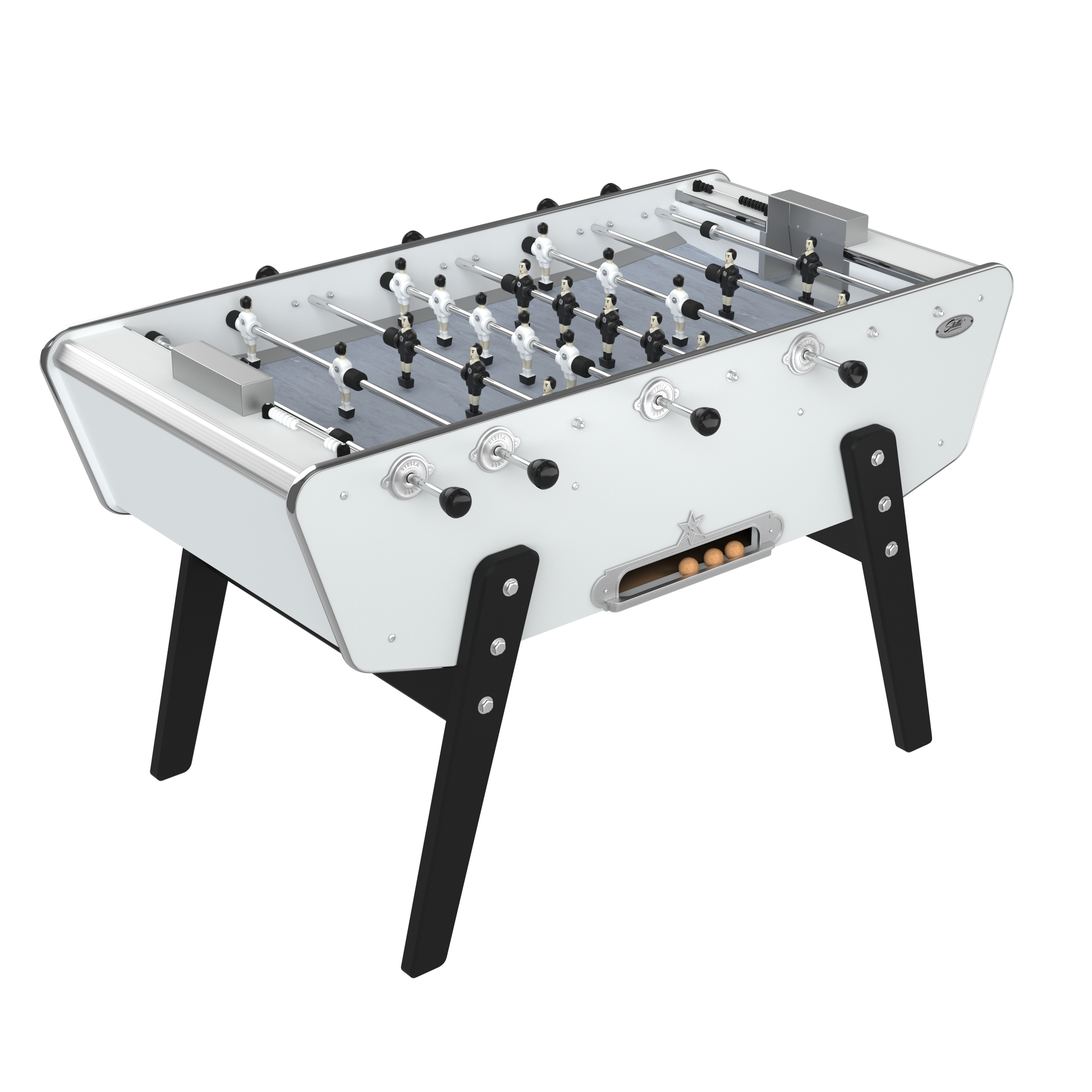 Baby-foot Stella Star blanc, modèle emblématique avec caisse style bateau et pieds en hêtre massif.