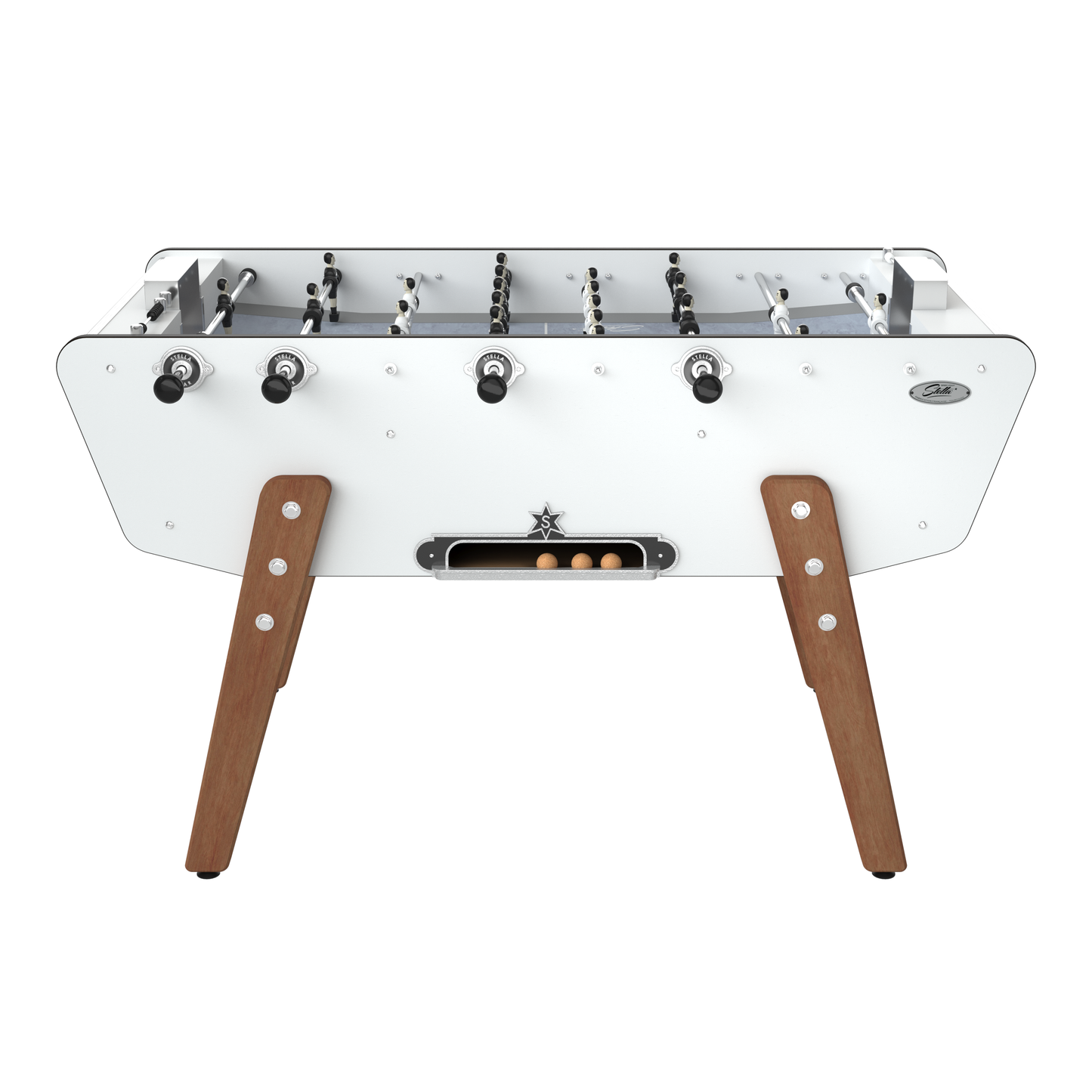 Vue de face du Stella Star Outdoor blanc montrant les barres télescopiques en inox et les joueurs en aluminium brut.
