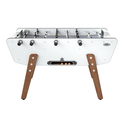Vue de face du Stella Star Outdoor blanc montrant les barres télescopiques en inox et les joueurs en aluminium brut.