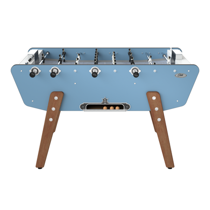 Vue de face du Stella Star Outdoor bleu avec barres télescopiques en inox et joueurs en aluminium fixés par visserie inox.
