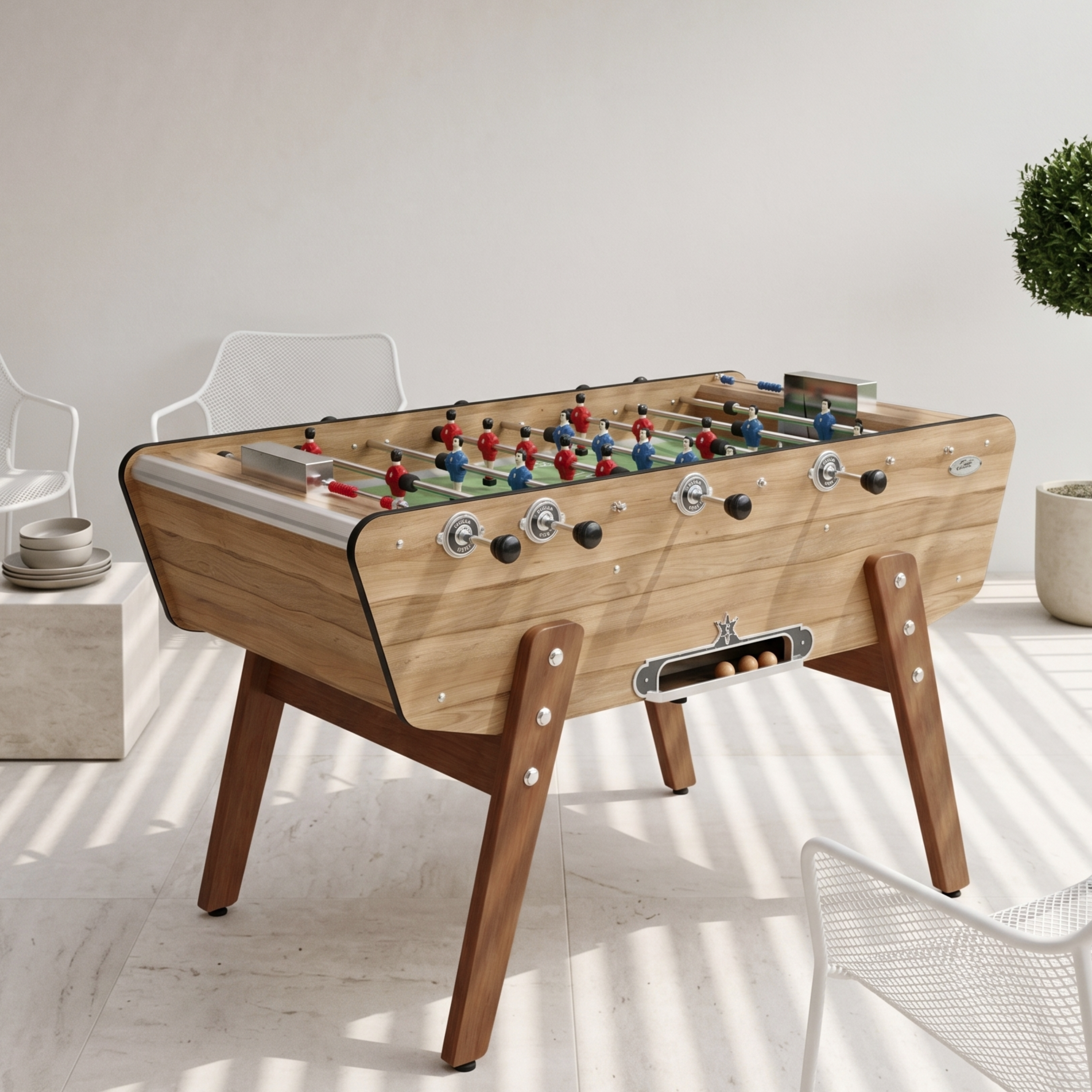 Baby-foot d'extérieur Stella Star Outdoor effet chêne installé sur une terrasse, finition bois naturelle et résistante aux intempéries pour un jardin ou espace extérieur chaleureux.