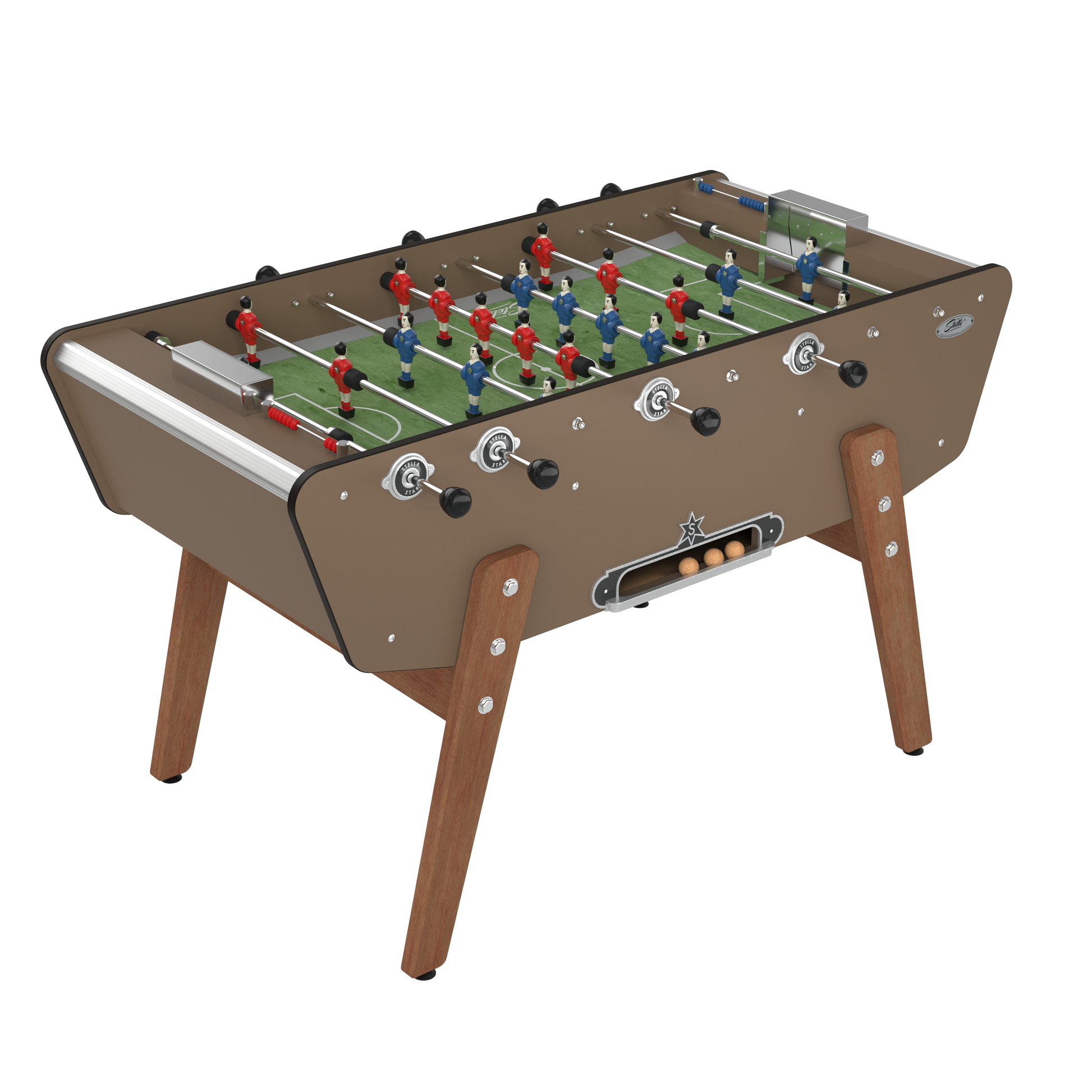 Baby-foot d'extérieur Stella Star Outdoor taupe, la silhouette mythique revisitée avec des matériaux résistants aux intempéries.