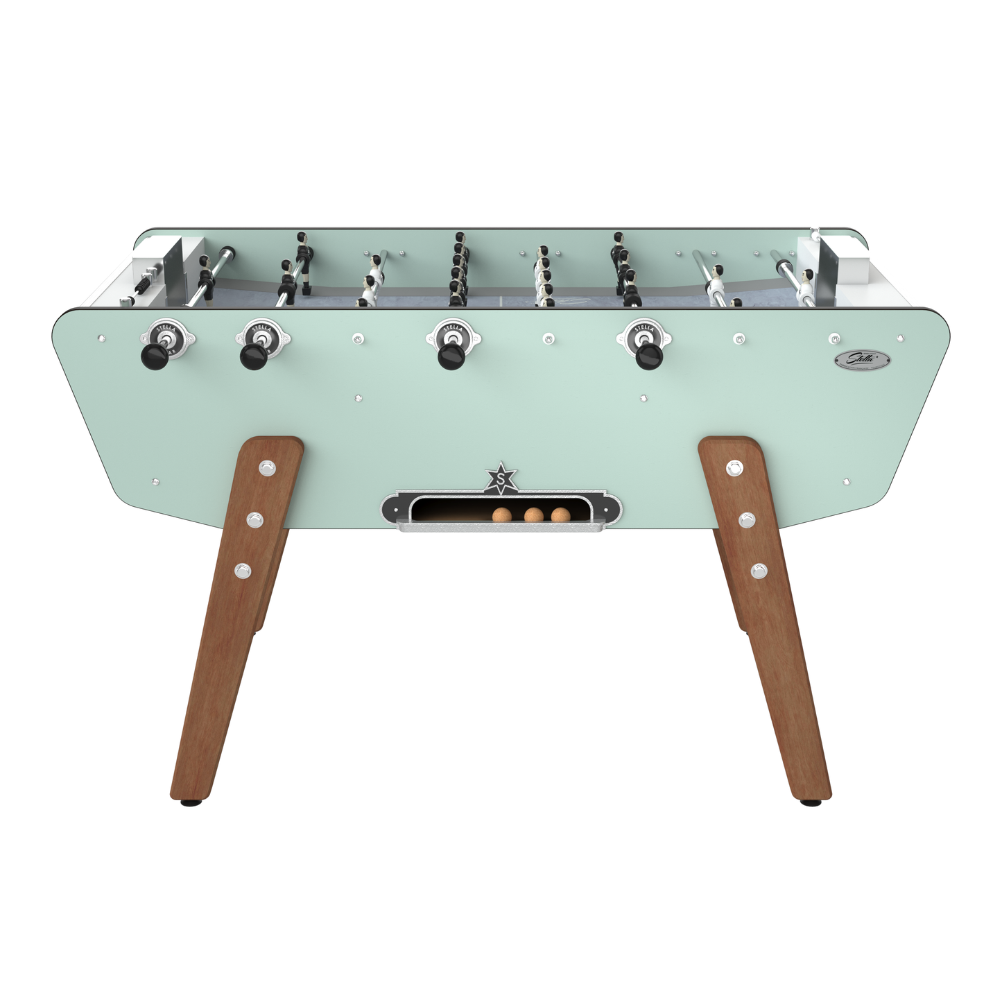 Vue de face du Stella Star Outdoor vert montrant les barres en inox rectifié et les joueurs en aluminium haute résistance.