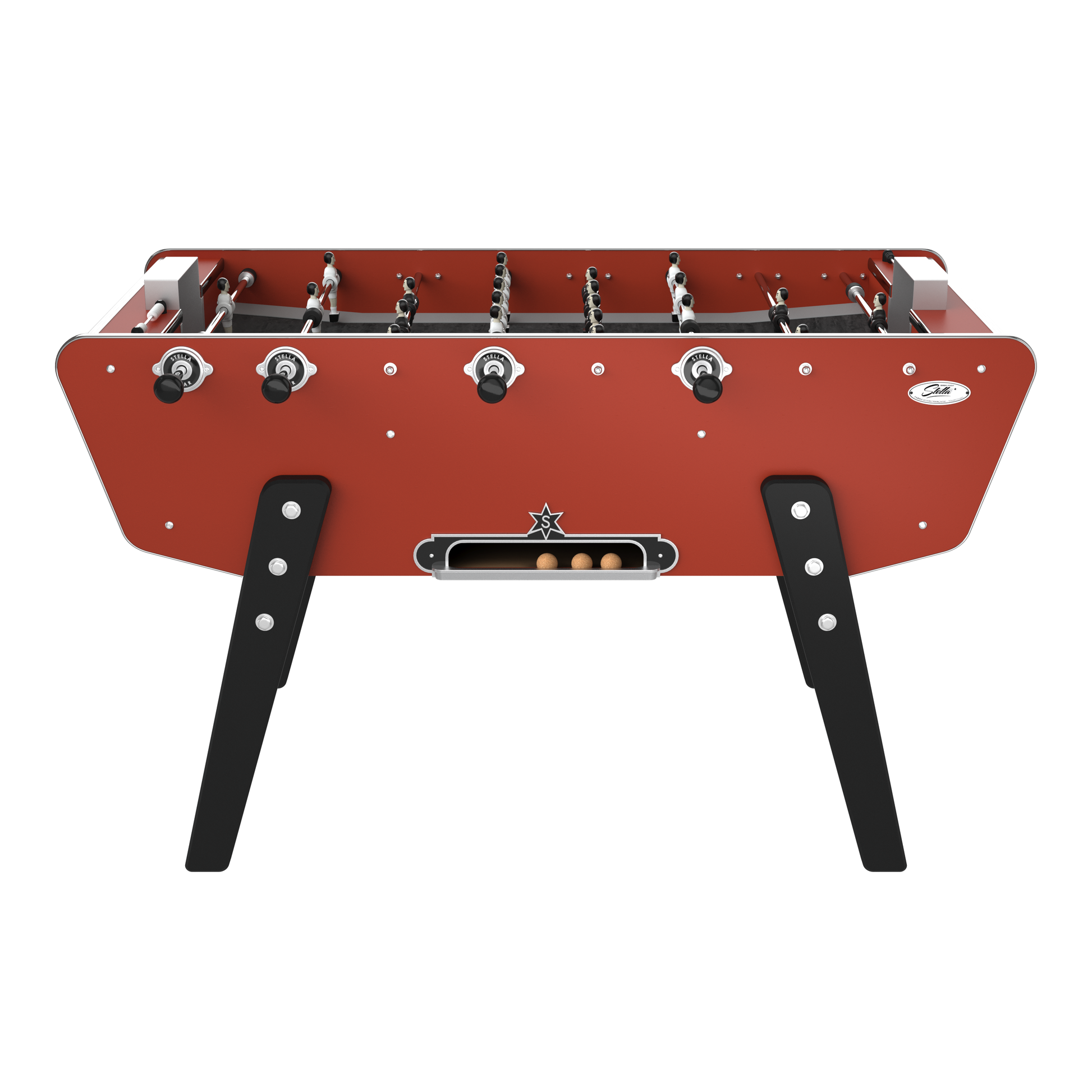 Vue de face du Stella Star rouge montrant les joueurs en aluminium et les barres télescopiques professionnelles.