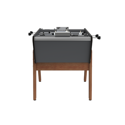 Vue latérale du baby-foot compact Stella soulignant les pieds en bois moabi peints à la main et la visserie 100% inox.