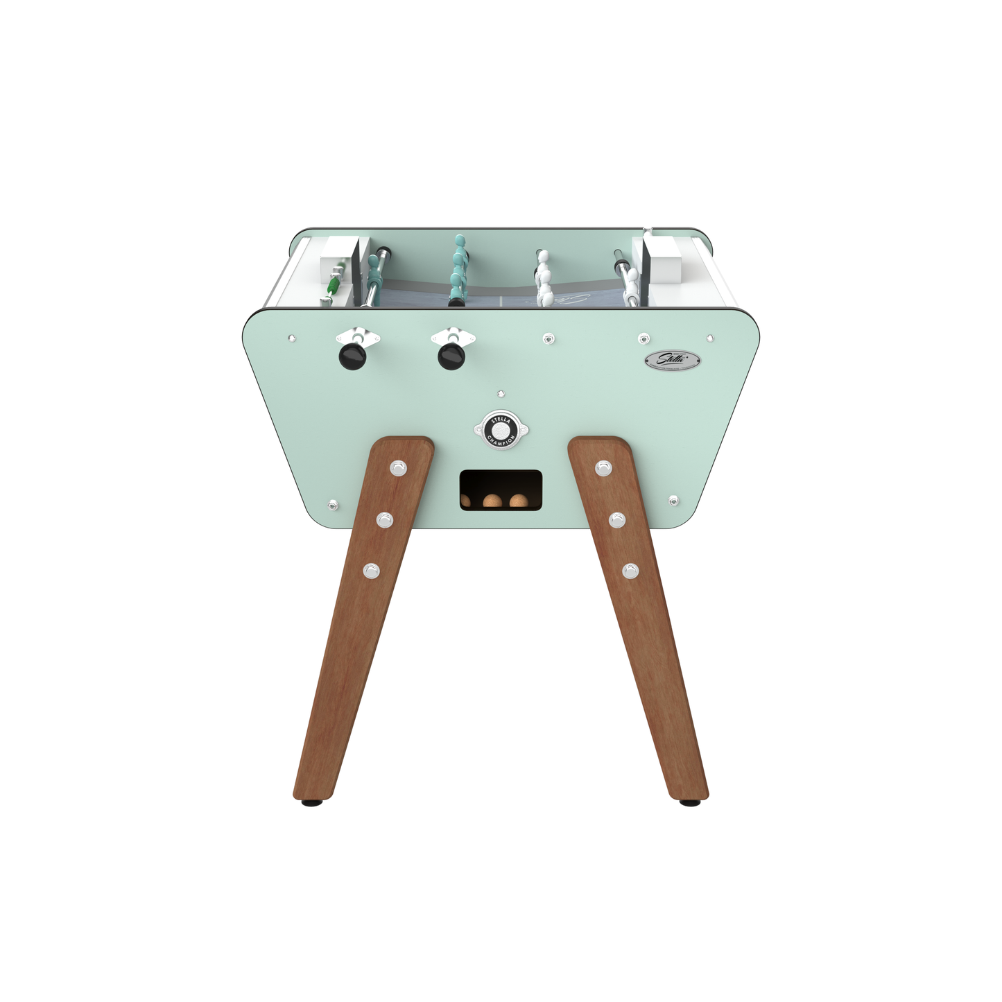 Vue de face du Stella Toi & Moi vert avec barres télescopiques en inox et joueurs en aluminium résistants à l'humidité.