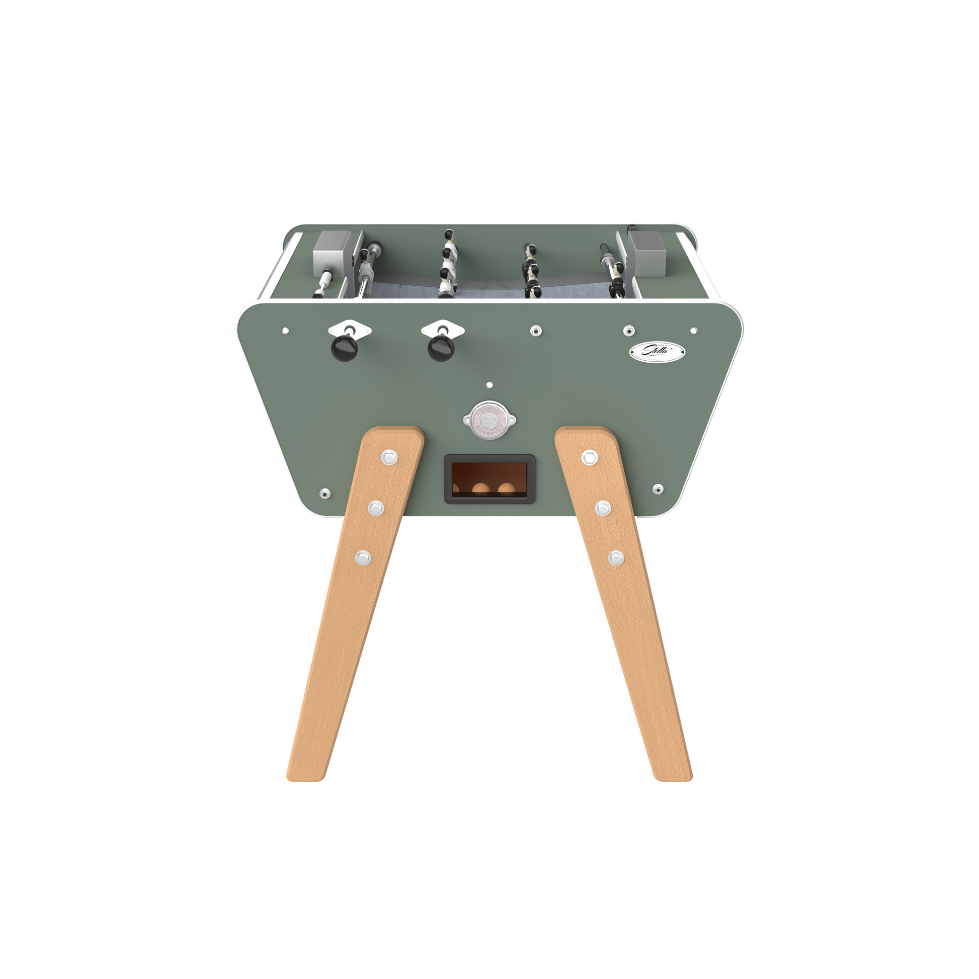 Vue de face du Stella Toi & Moi vert avec barres télescopiques en inox et joueurs en aluminium poli.
