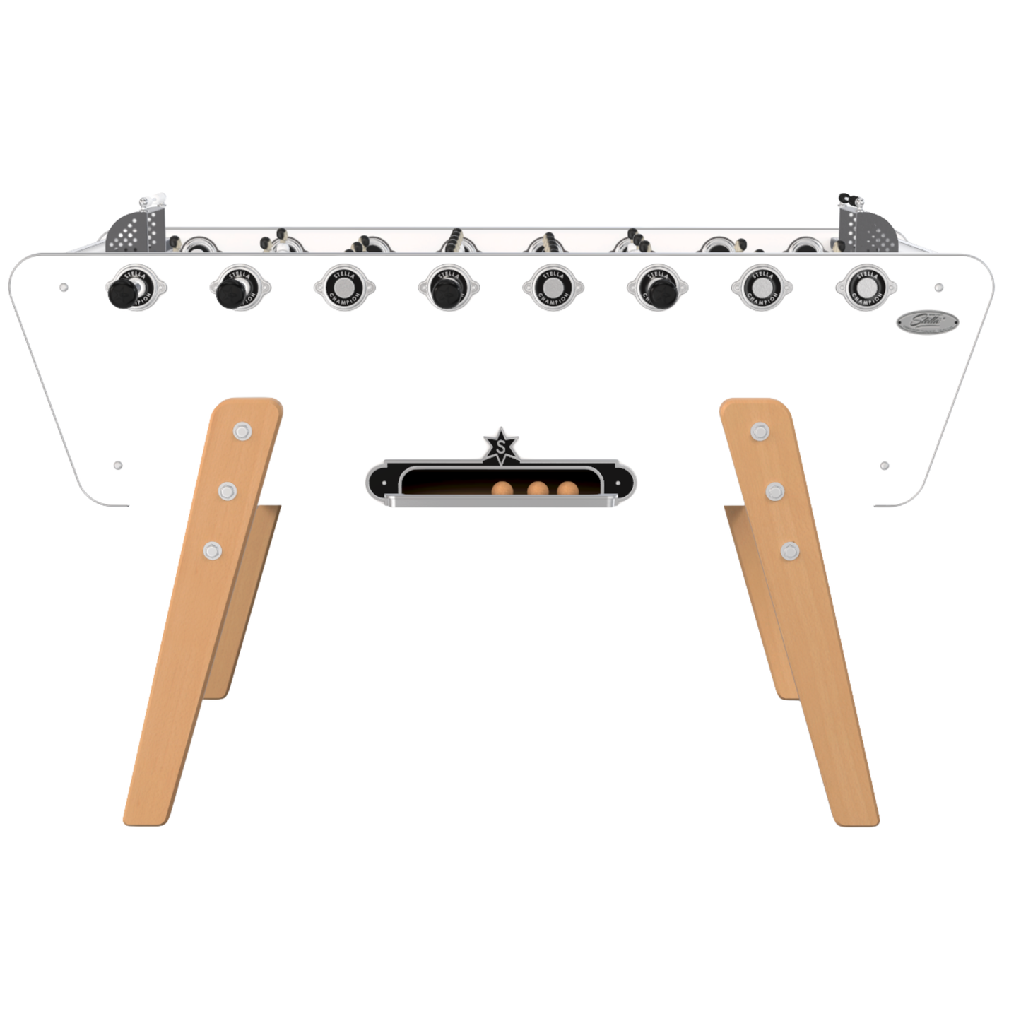 Zoom sur les joueurs en aluminium et le tapis de jeu souple pour balles sautées sur baby-foot Stella.