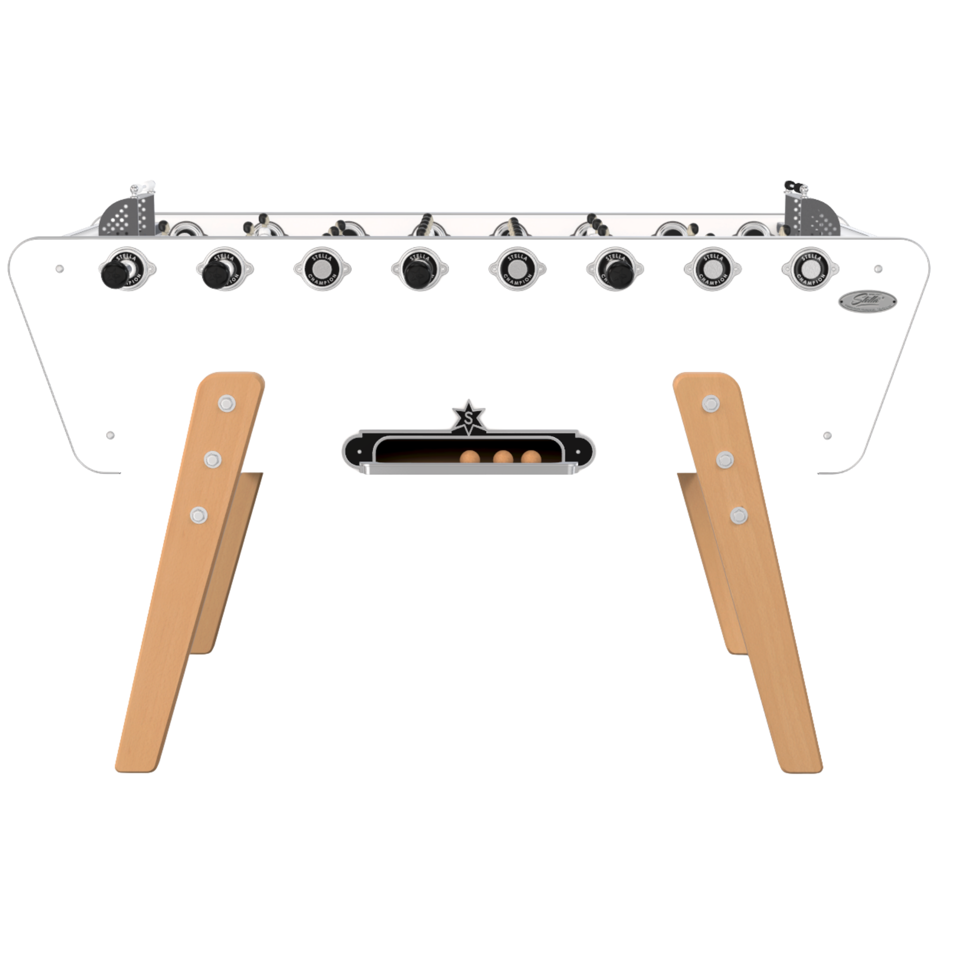 Zoom sur les joueurs en aluminium et le tapis de jeu souple pour balles sautées sur baby-foot Stella.