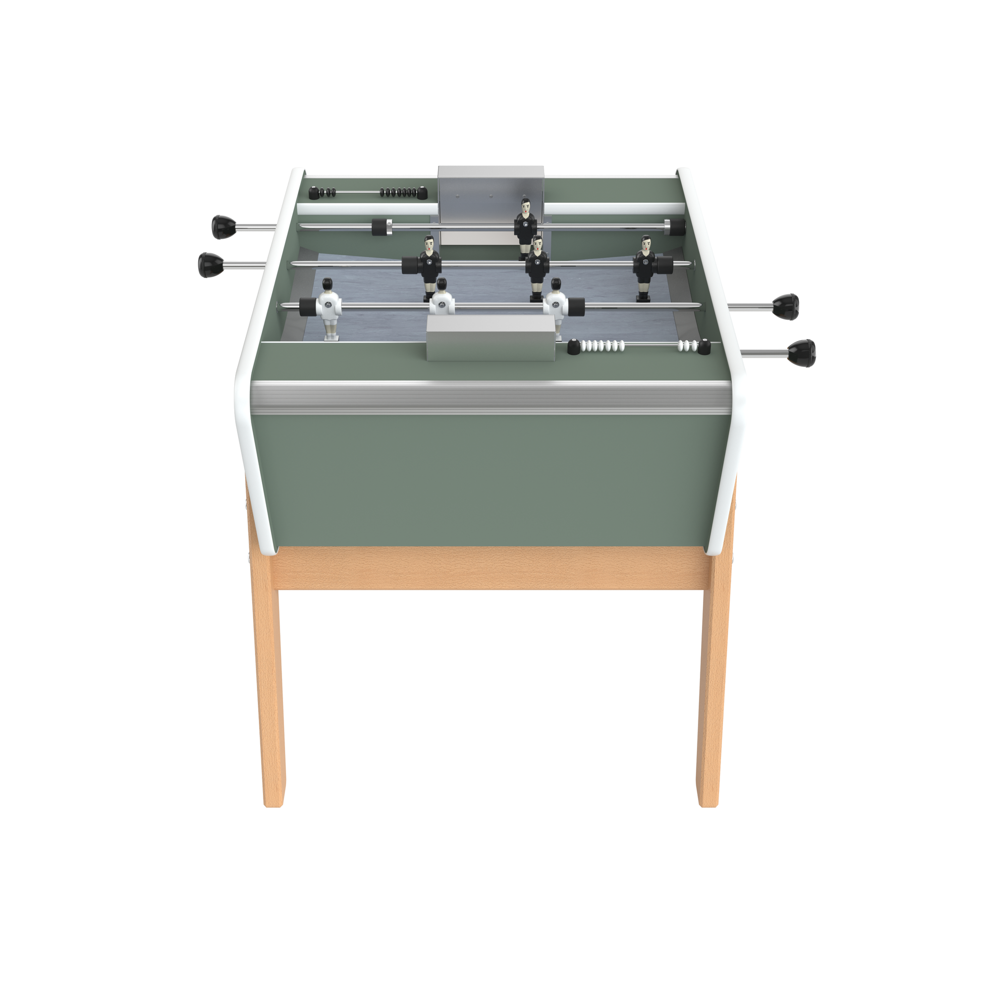 Détail de la caisse laquée verte et des paliers de haute précision sur ce baby-foot compact de fabrication française.