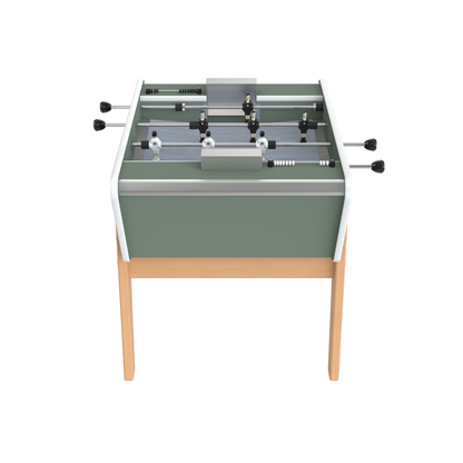 Détail de la caisse laquée verte et des paliers de haute précision sur ce baby-foot compact de fabrication française.