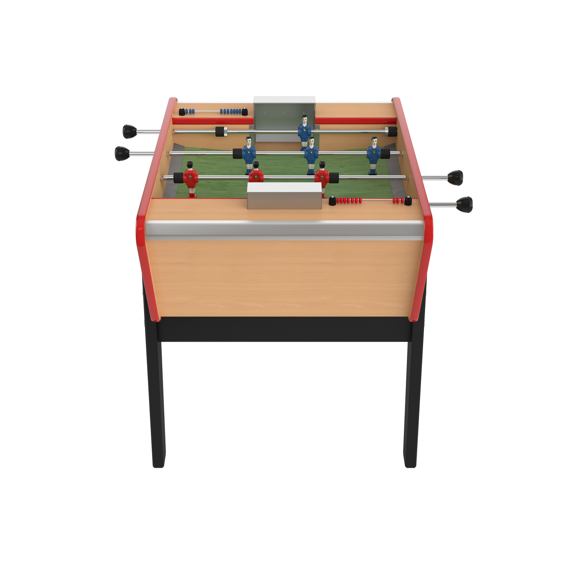 Détail de la structure en bois hêtre et de la fabrication artisanale française sur ce baby-foot de salon compact.