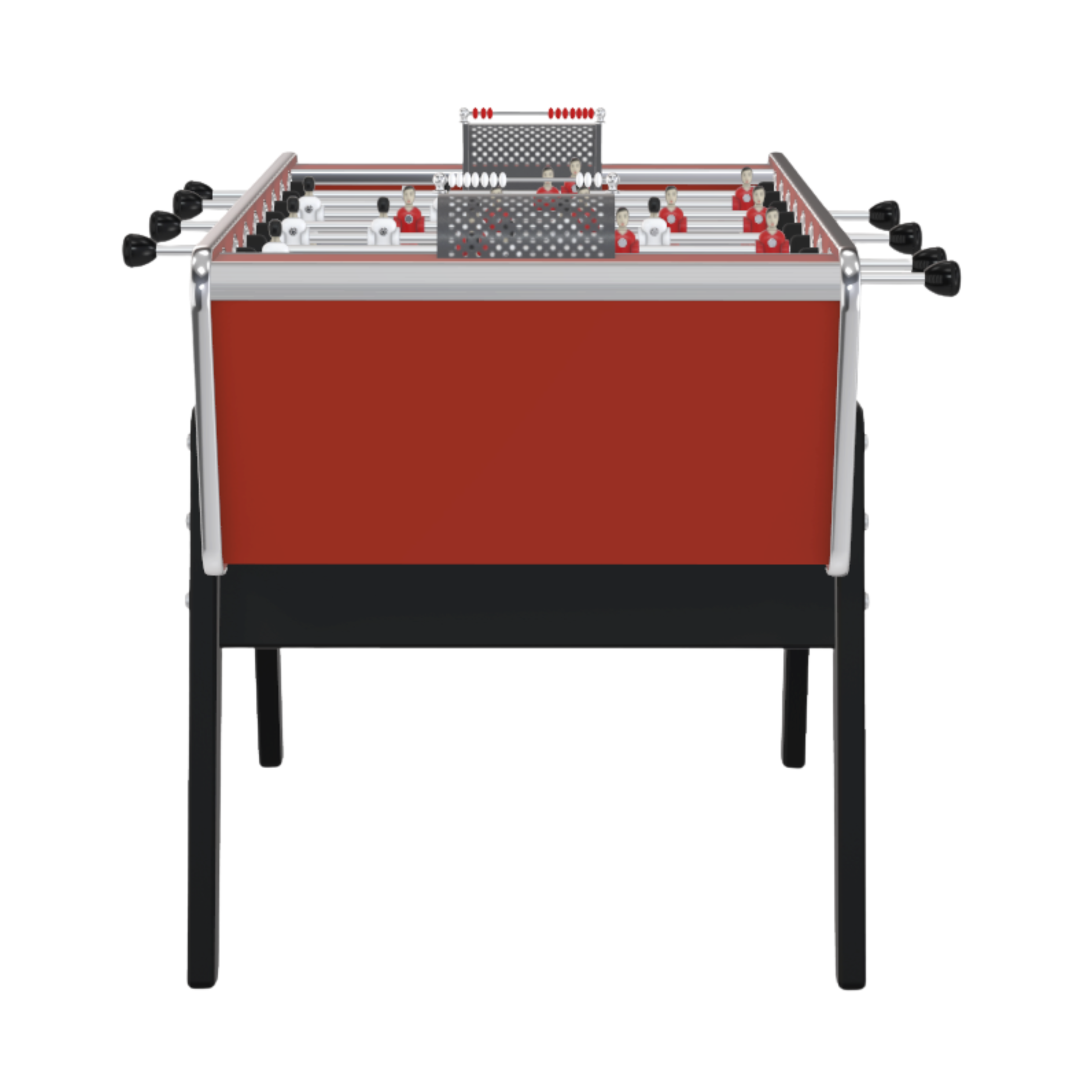 Détail des joueurs en aluminium sur le tapis de jeu du baby-foot Stella rouge pour un jeu authentique.