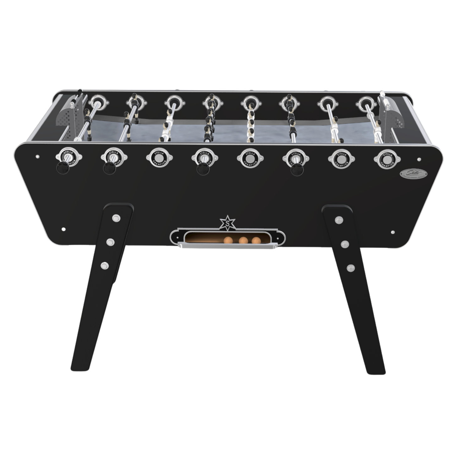 Zoom sur les joueurs en aluminium et le tapis de jeu noir du baby-foot Stella Champion, idéal pour les balles sautées.