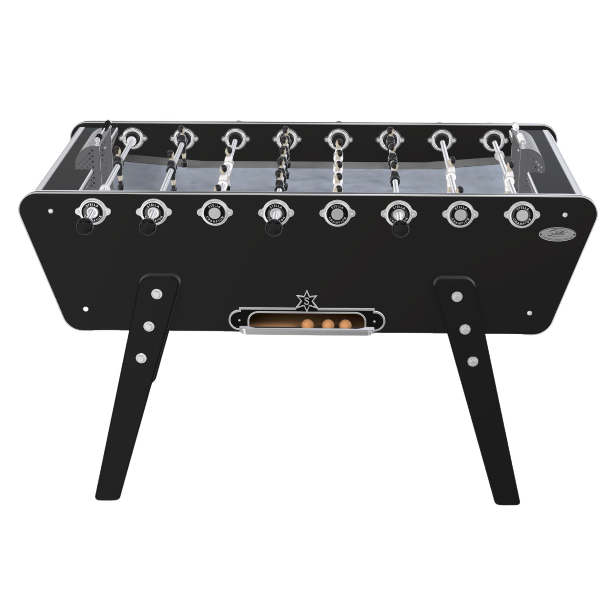 Zoom sur les joueurs en aluminium et le tapis de jeu noir du baby-foot Stella Champion, idéal pour les balles sautées.