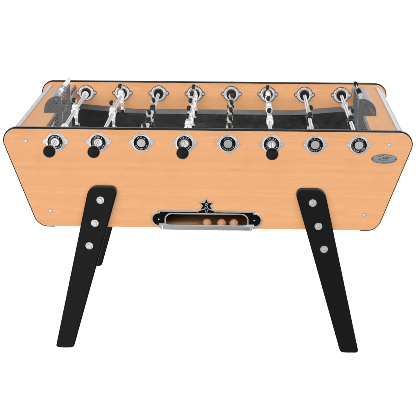 Détail des joueurs en aluminium et du fond de jeu souple sur le baby-foot Stella Champion finition hêtre.