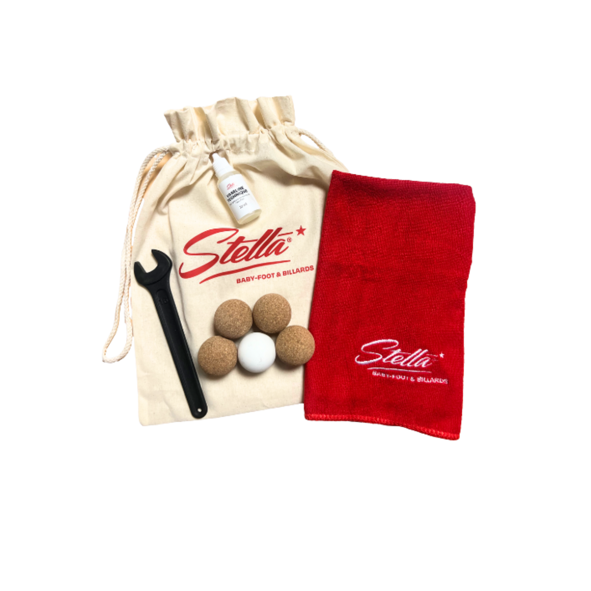 Kit d'entretien complet Stella pour baby-foot avec huile de lubrification, clés de serrage, serviette et assortiment de 5 balles liège et compétition.