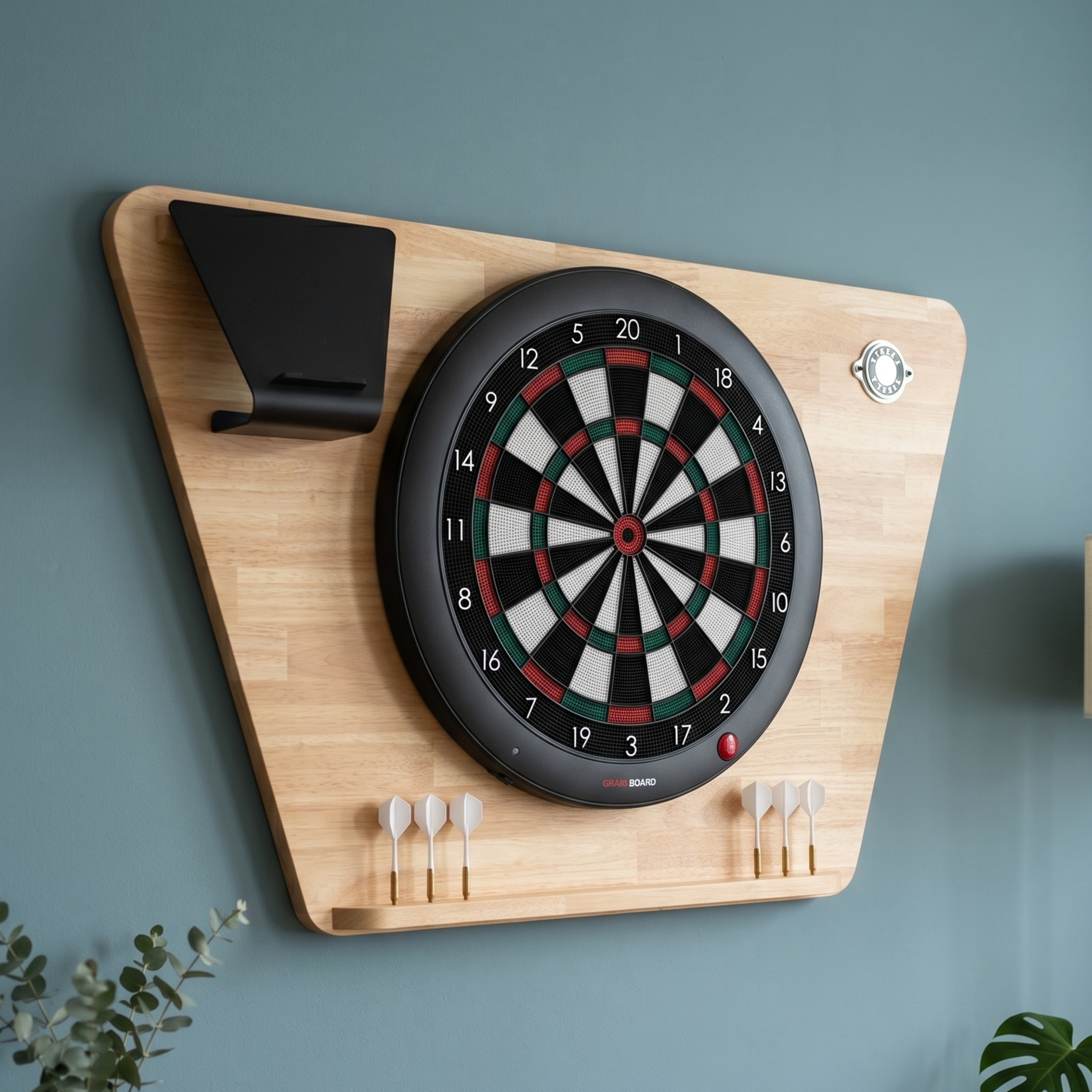 Pack support de fléchettes Stella Hévéa avec cible Granboard 3s connectée accrochée au mur d'un salon, alliance du bois naturel et de la technologie connectée pour une expérience de jeu moderne.