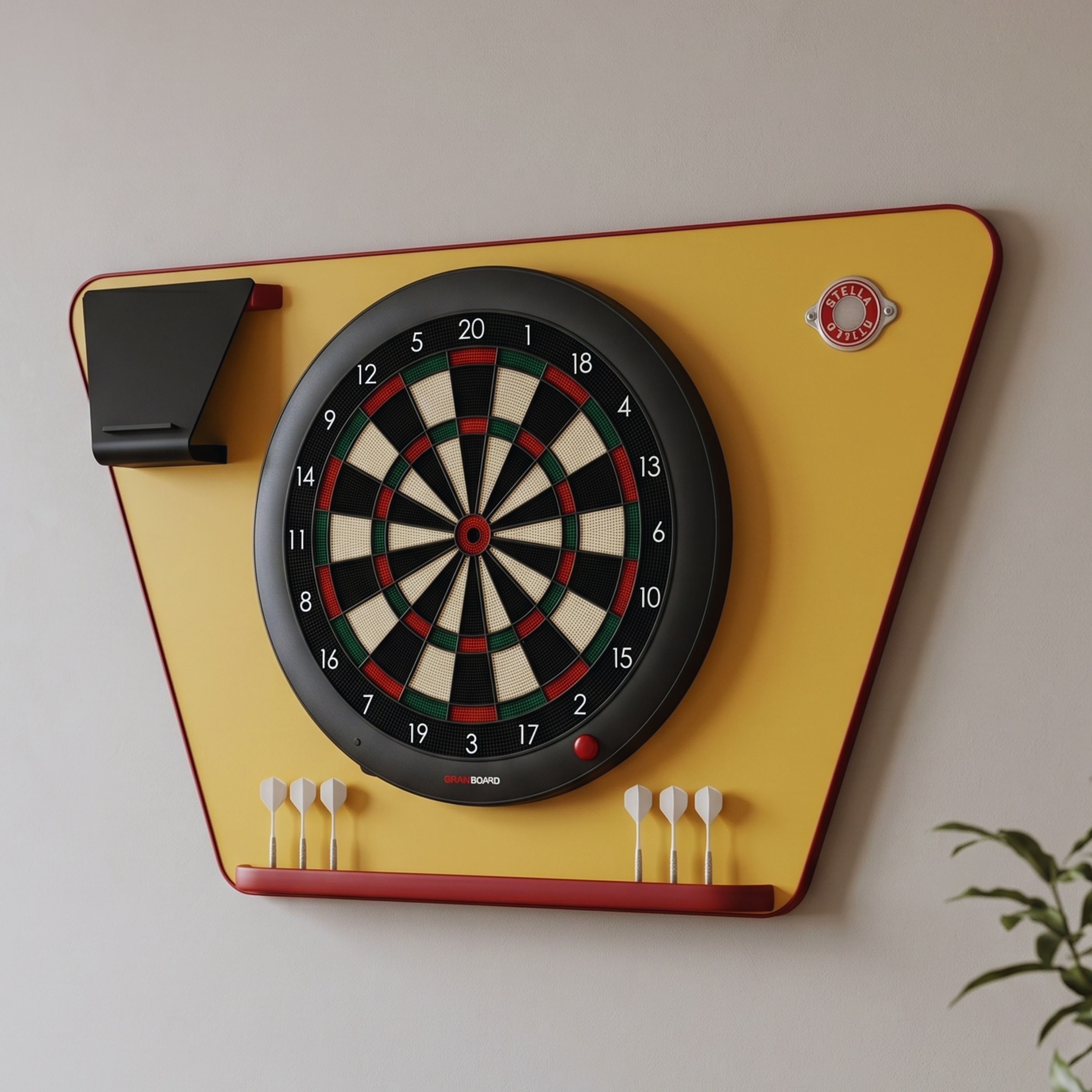 Pack support de fléchettes Stella Jaune avec cible Granboard 3s connectée accrochée au mur d'un salon, coloris vif et technologie connectée pour une expérience de jeu moderne et conviviale.