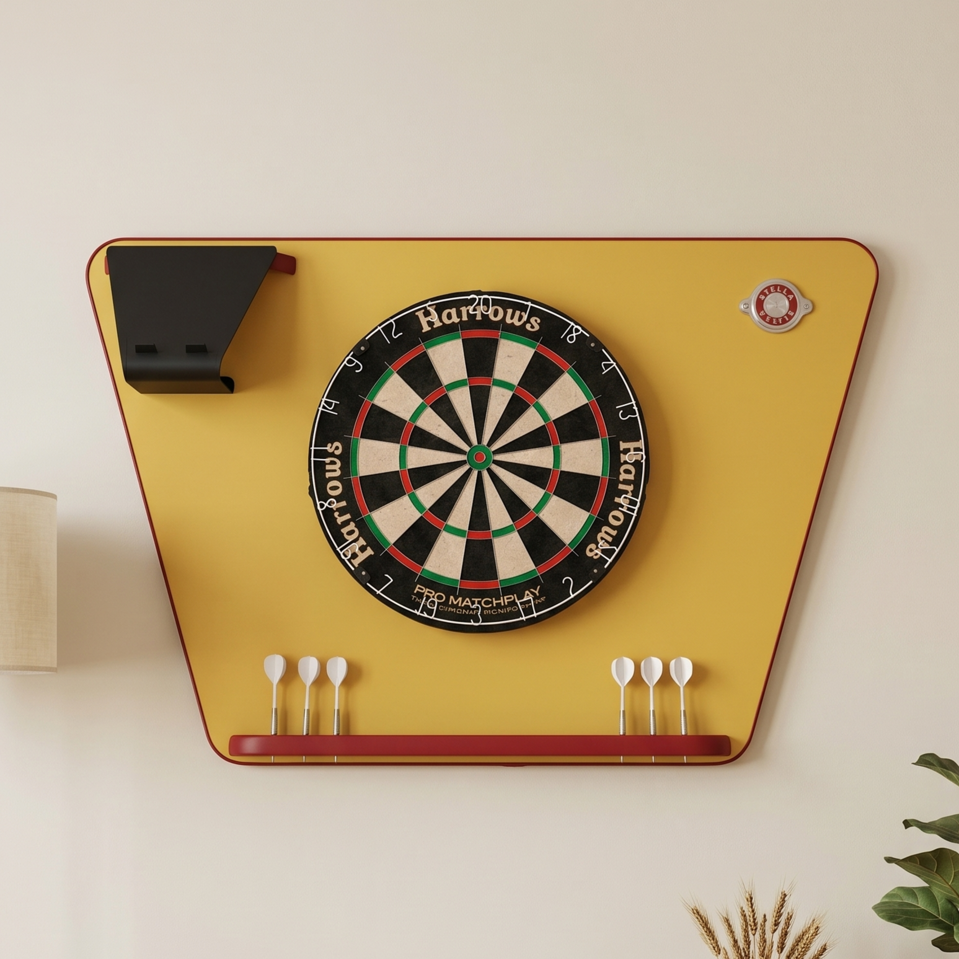 Pack support de fléchettes Stella Jaune avec cible traditionnelle en sisal accroché au mur d'un salon, coloris solaire et festif pour une ambiance de jeu conviviale et chaleureuse en intérieur.